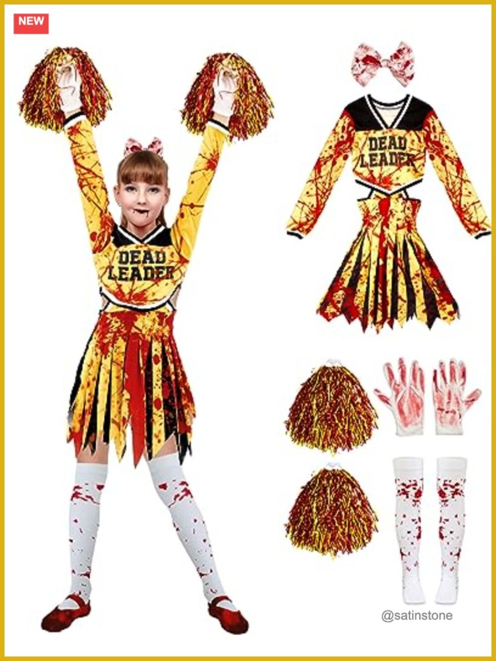 Girls Zombie Cheerleader Halloween Costume Set Polyester Dress Up 4-12